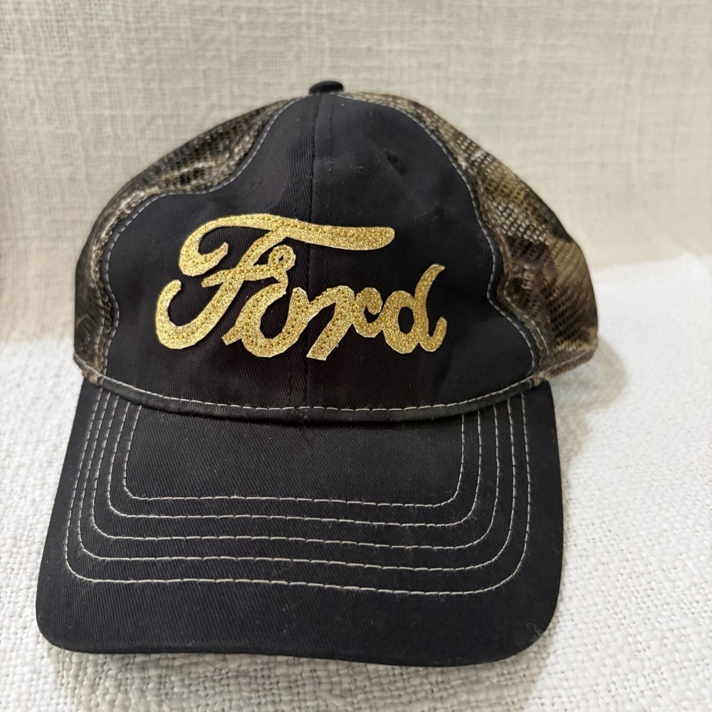 Ford Gold Logo Hat Black Camo Mesh Cap Baseball Adjustable Mens